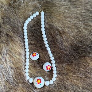 White Beaded Necklace and Earring Set with Floral Design
